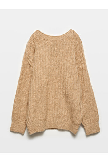 Dilvin 10628 Beige Crew Neck Oversize Knitwear Sweater