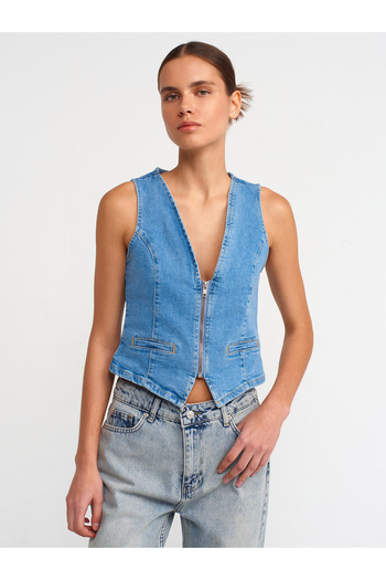 Dilvin 50704 Zipped Front Denim Vest-blue