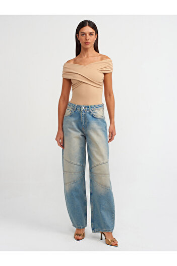 Dilvin 71476 Pantaloni largi din denim cu cusătură în față - Nuanță