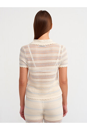 Dilvin 10590 Model Polo Decolteu Ajurat Tricotaj Bluza - Natural