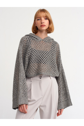 Dilvin 10454 Hooded Glitter Kimono Sweater-grey-silver