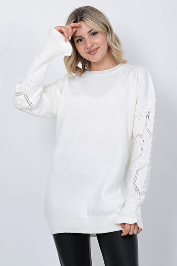 LUGMO Women's Knitwear Sweater Crew Neck Sleeve Patterned Oversize Ecru