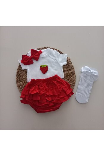 MARS BABY Red Strawberry Patterned Ruffle Body and White Mesh Set for Baby Girl