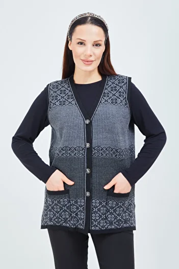 Elçelya Moda Women's Short Black Gray Patterned Knitwear Buttoned Pocket Winter Mother Vest