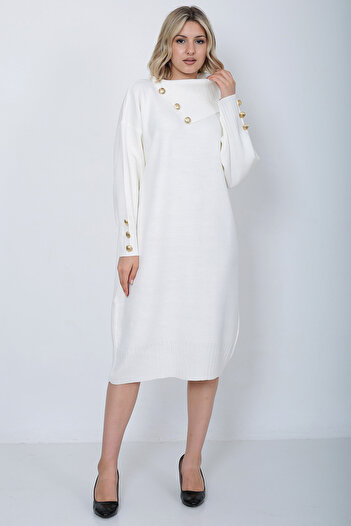 LUGMO Knitwear Long Women's Dress Collar Buttoned Ecru