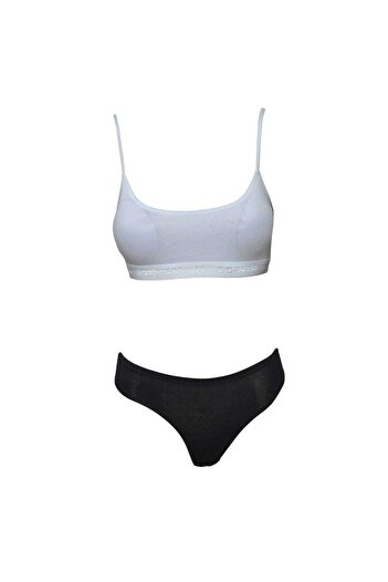 İntive Lingerie Padded Rope Strap Half Tank Top Bustier Panties Set White Black