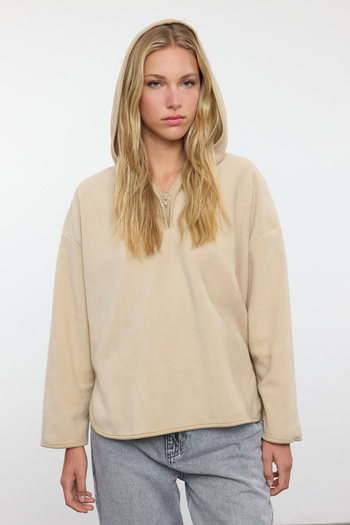 Trendyol Collection Oversize Knitted Sweatshirt with Fleece Hood and Zipper - Stone Thick Twoaw22Sw2063