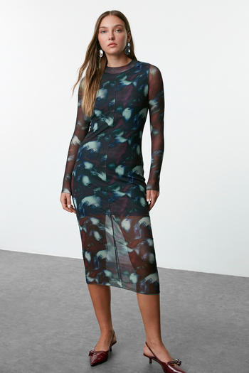 Trendyol Collection Indigó nyomott tüll bélésű Midi kötött ruha - állógallér Twoaw24el00165