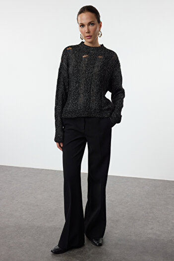 Trendyol Collection Черен плетен пуловер с плетена коса - памук Twoaw25kz00214