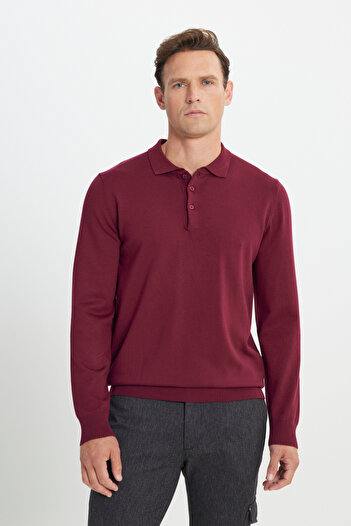 ALTINYILDIZ CLASSICS Men's Claret Red Standard Fit Normal Cut Polo Neck Knitwear Sweater