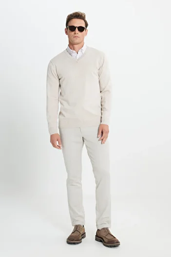 ALTINYILDIZ CLASSICS Men's Beige Melange Standard Fit Regular Cut V-Neck Knitwear Sweater