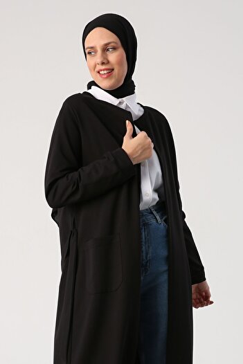 ALLDAY Black Belted Pocket Crew Neck Long Cardigan