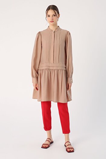 ALLDAY Dark Beige Pleat Detailed Shirt Tunic