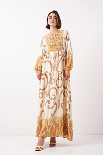 Bigdart 2423 Model Authentic Patterned Light Yellow Dress