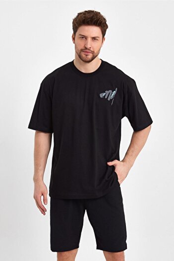 THE RULE Men's End Back Printed Oversize 100% Cotton Loose Wide Cut Crew Neck Soft Textured Black T-Shirt