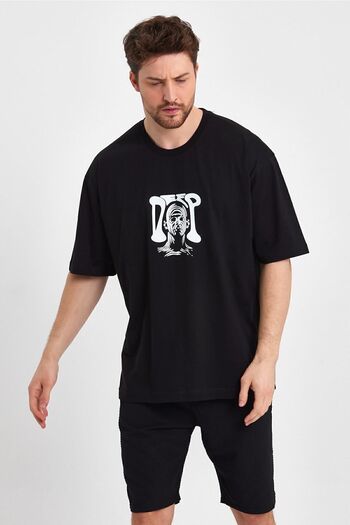THE RULE Men's Deep Embossed Printed Oversize 100% Cotton Loose Wide Cut Crew Neck Casual Black T-Shirt