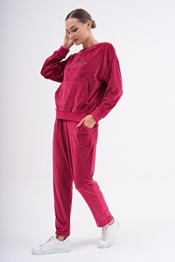 WestBound Soft Velvet Printed Women's Tracksuit Set - Claret Red