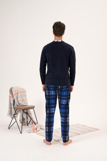 Estiva Men's Winter Fleece Pajama Set - Buttoned Collar, Checkered Bottom