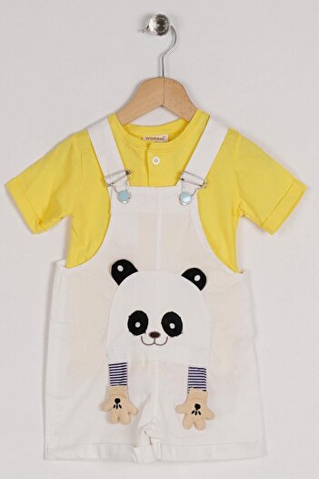 zepkids Crew Neck Short Sleeve Panda Figured Inner T-Shirt White Color Boy's Shorts Salopet