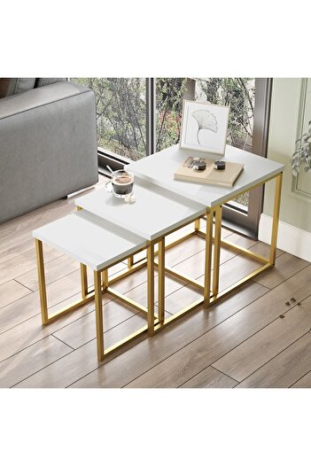 Yurudesign Voyage 3'lü Gold Metal Zigon Sehpa Beyaz Vg7-w