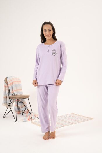 Estiva Butterfly Embroidered Women's Winter Pajama Set - Buttoned Collar