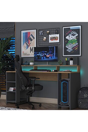 Rani Mobilya Rani HA122 Led Işıklı Kumandalı RGB Oyuncu Bilgisayar Masası Çalışma Masası Sepet Ceviz - Antrasit