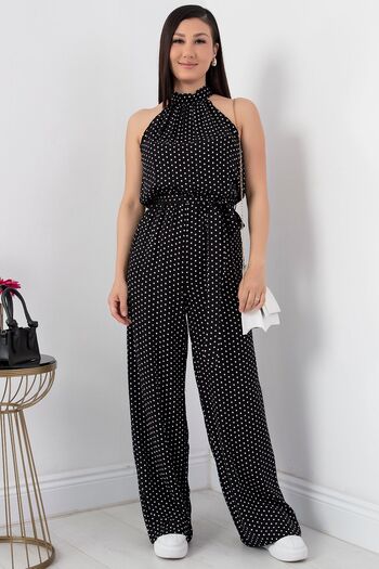 PULLIMM Belted Halter Neck Jumpsuit - Polka Dots, VRN7818