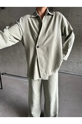 Laluvia 100% Cotton Khaki Kimono and Pants Set - Single Button, Double Breasted Closure