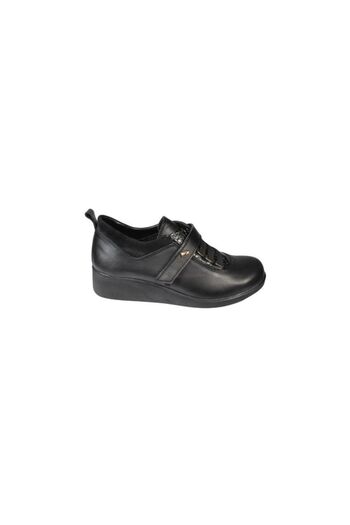 Polaris Polaris Black Genuine Leather 5 Point Velcro 5cm Wedge Heeled Women's Shoes