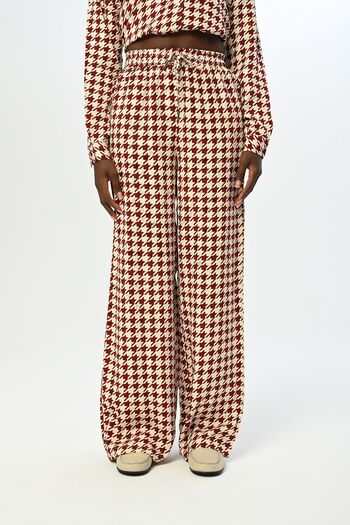 Orfeo Negro Patterned Women's Trousers - Elastic Waist, Wide Leg Houndstooth