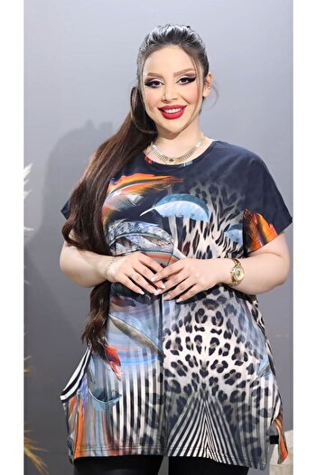 HÜLYA BUTİK Plus Size Feather Patterned Slit Blouse
