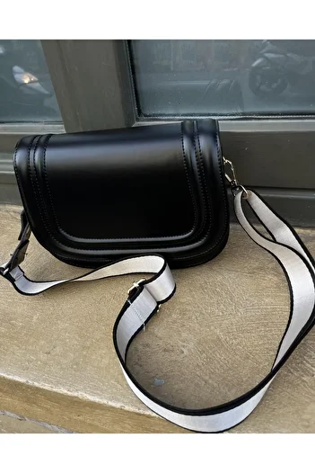 Tina Patent Leather Bag with Canvas Strap Black