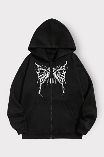 Mythologie Gothic Butterfly Kalın Hırka - Siyah Baskılı Yazlık Oversize Kapüşonlu Fermuarlı Cepli Hırka