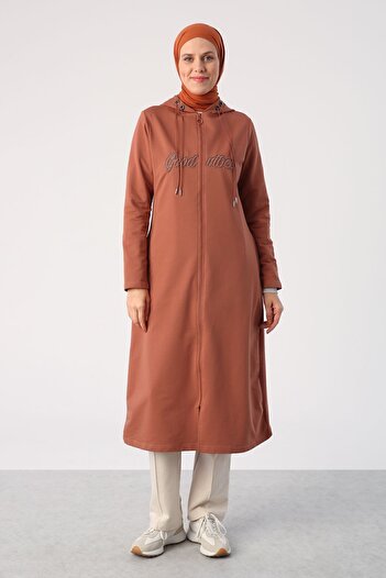 ALLDAY Cinnamon Applique Embroidered Double Cord Hooded Cardigan