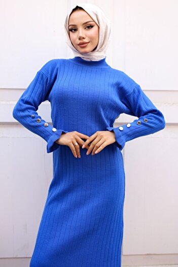 benguen 23009 Saks Blue Ruffle Πλεκτό Φόρεμα