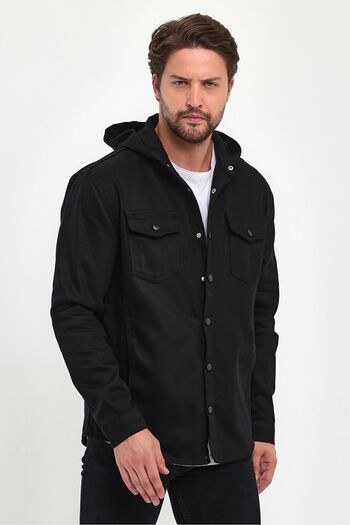 THE RULE Men's Black Regular Fit Hooded Denim Jacket with Snap Button Detail