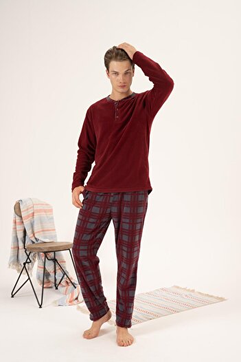 Estiva Erkek Kışlık Düğmeli Yaka Kareli Alt Polar Pijama Takımı