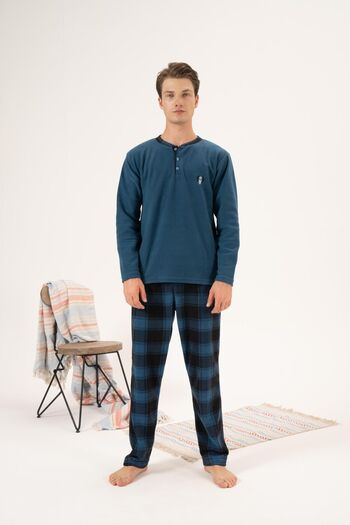 Estiva Men's Winter Fleece Pajama Set - Buttoned Collar, Checkered Bottom