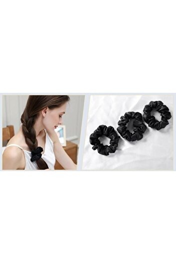 Tinybabyconcept 100% Silk Textured Satin Large Size Diamond Buckle Set of 3 Elastic Hair Bands Black Color