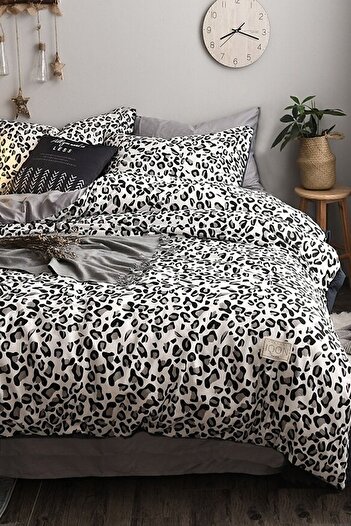 İQON Lastikli Çarşaflı Nevresim Takımı Tek Kişilik Leopar Pure Siyah Beyaz