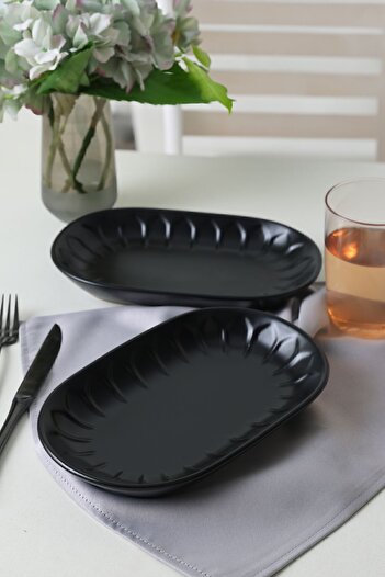 Keramika Matte Black Almond Boat Plate 25 Cm 2 Pieces 956