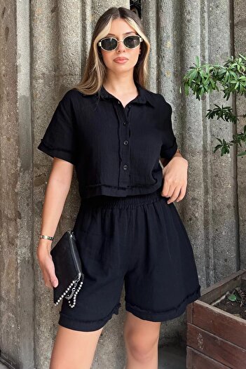 GÜLSELİ Black Women's Shirt and Shorts Set