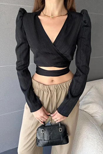 bacc Women's Black Double Breasted Neck Waist Belted Crop Blouse Bcdf- 242108