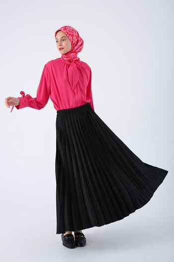 ALLDAY Black Pleated Comfortable Fit Satin Skirt with Elastic Waist