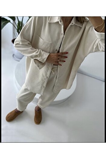 manana fashion Ecru Velvet Corduroy Shirt and Pants Set