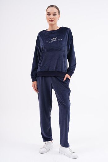 WestBound Navy Blue Soft Velvet Printed Women's Tracksuit Set