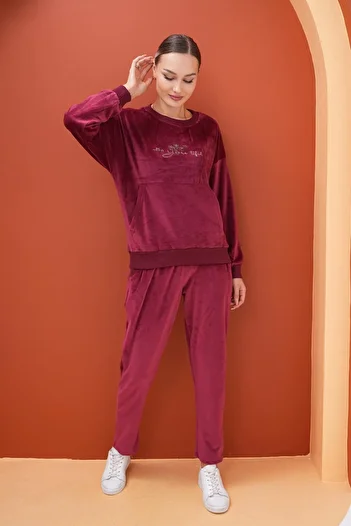 WestBound Soft Velvet Printed Women's Tracksuit Set - Damson
