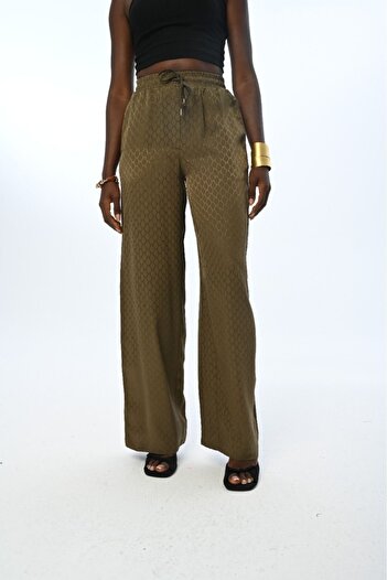 Orfeo Negro Women's - Elastic Waist, Wide Leg and Khaki Color Patterned Trousers