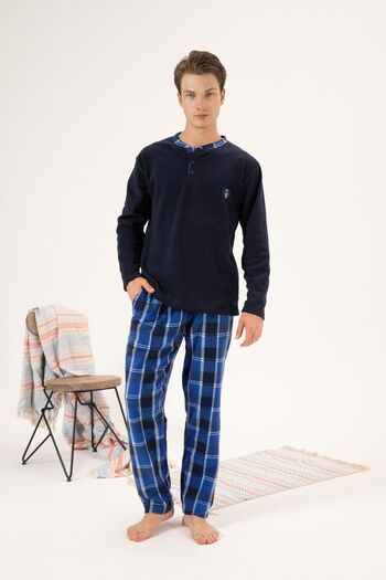 Estiva Men's Winter Fleece Pajama Set - Buttoned Collar, Checkered Bottom
