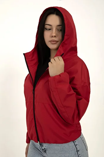 Royalside Women's Red Hooded Waterproof and Windproof Oversize Raincoat with Pockets